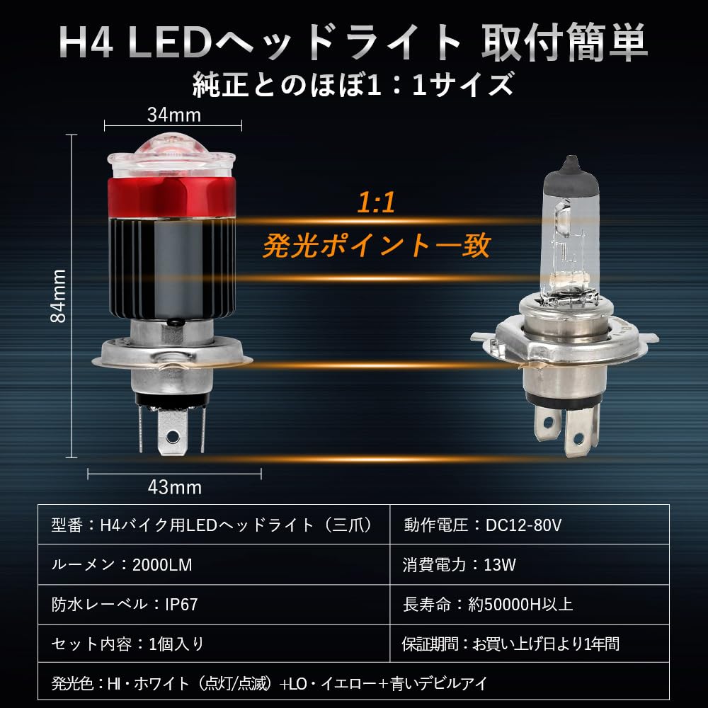 Amazon | Futwod Led H4 ヘッドライト 高輝度 バイク用ヘッドライト HI